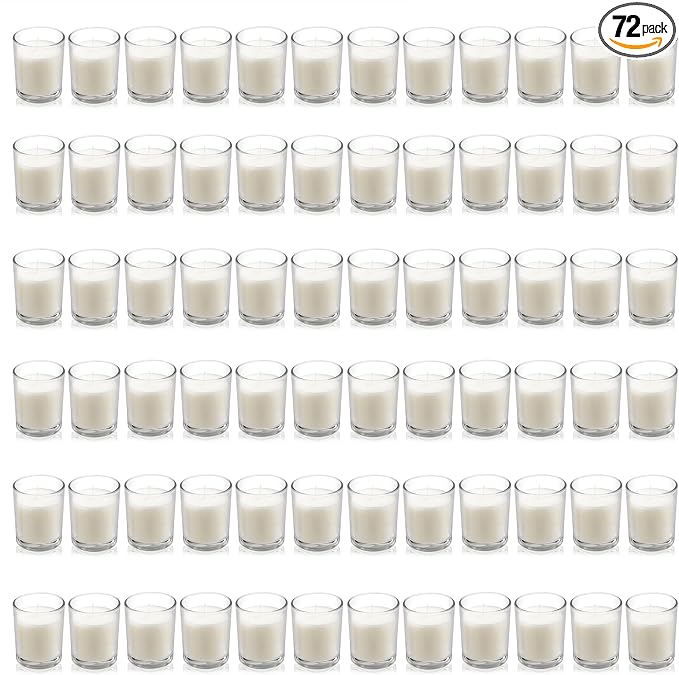 Housecret 72 Pack Warm White Unscented Clear Glass Filled Votive Candles. Hand Poured Wax Candle Ideal Gifts for Aromatherapy Spa Weddings Birthdays Holidays Party