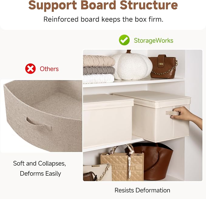 StorageWorks Fabric Storage Bins with Lids, Closet Storage Bins | Lidded Dust-proof, Easy Pull Handles, Foldable, Stackable, Ideal for Clothes Blanket Towel, Jumbo, Cream White, 3-Pack