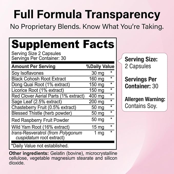 Menopause & Perimenopause Supplements for Women - Hot Flashes Relief | Black Cohosh, Dong Quai, Red Clover, Sage, Vitex & Soy Isoflavones, 60 Capsules, Night Sweats, Mood, Hormone Balance, Non-GMO