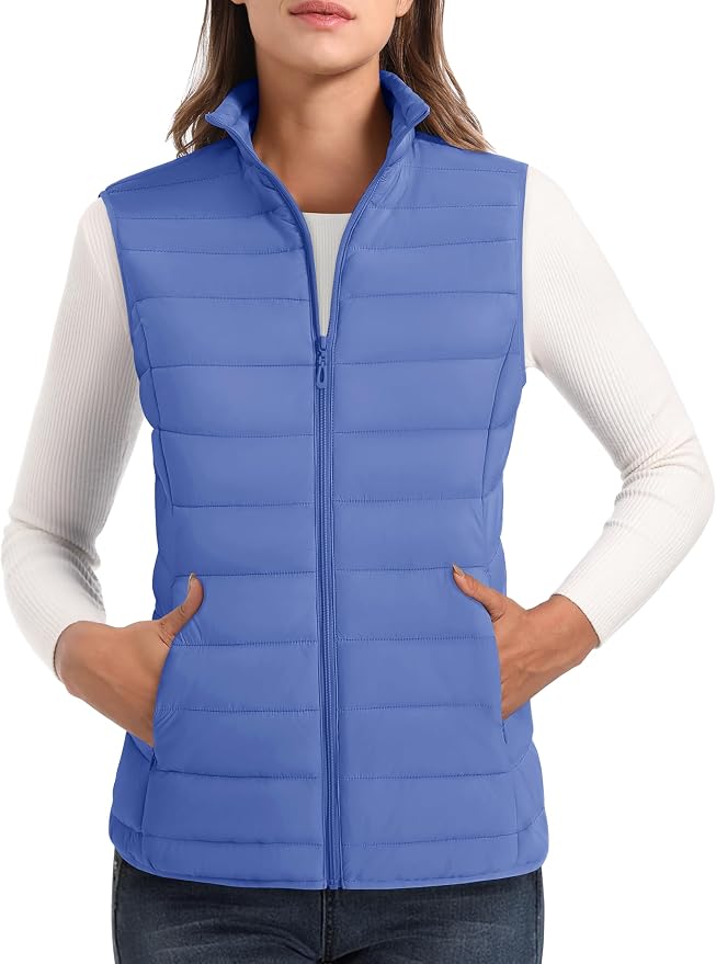 MAGCOMSEN Women's Puffer Vest Lightweight Stand Collar Zip 4 Pockets Puffy Vests Sleeveless Quilted Padded Outerwear
