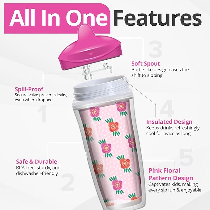 Playtex Baby Sipsters Hard Spout Sippy Cup for 12+ Months, 9 Ounce (2 Count), Pink Rose & Cactus Design, Insulated Toddler Water Bottle for Kids, Spill-Proof Cups for Toddlers 1-3, Stage 3