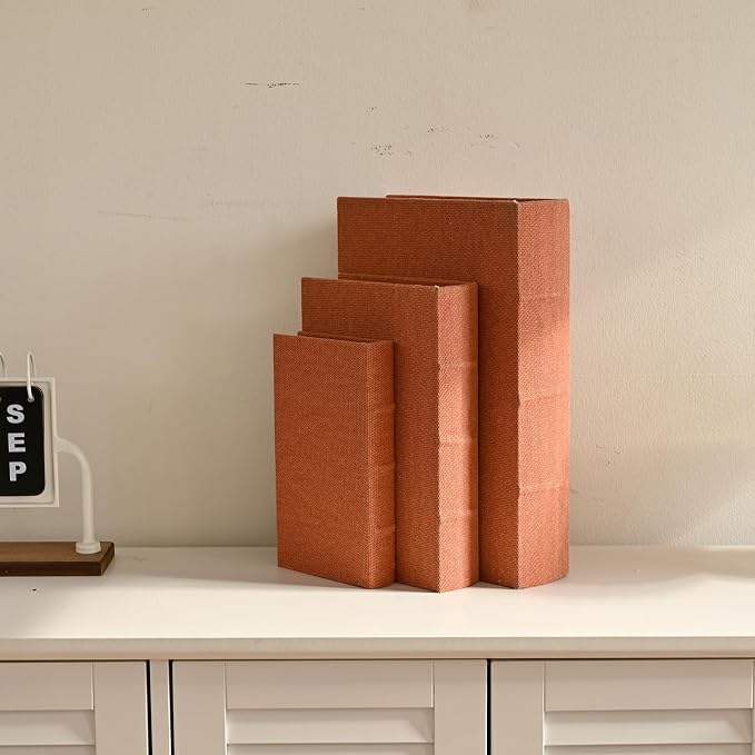 DECOR4SEASON Decorative Book Boxes Set of 3 – Modern Faux Linen & Wood Hidden Storage for Coffee Table – Stackable Fake Books for Shelf Decor, Remote Control & Jewelry Organizer (Rust Brown)