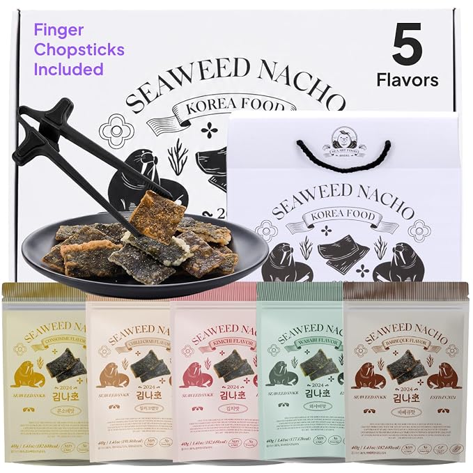 Korean Food Seaweed Nachos Variety Pack, 5 Flavor, Crispy Snack, 5 Pack | Variety pack featuring kimchi, sweet corn, BBQ, wasabi, and chili crab flavors