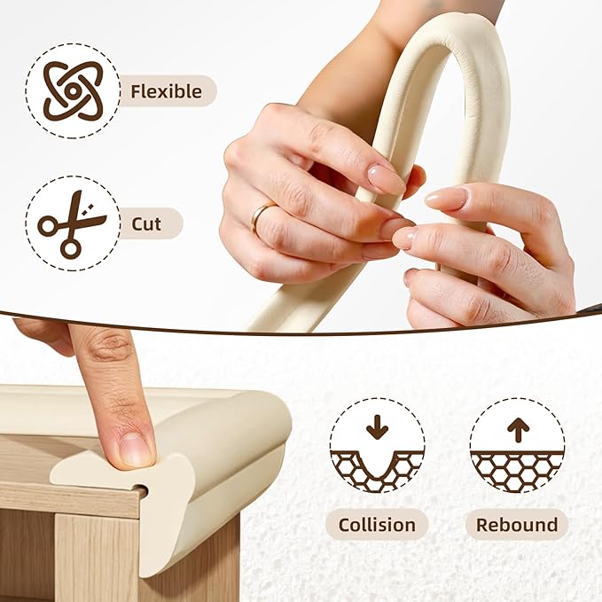 Edge Protectors, Baby Proof Corners and Edges Safety Bumpers Desk Edge Cushion, 13 ft with 8 Pcs Foam Corner Protectors for Table, Fireplace, Cabinet, Stair, Furniture, Off White
