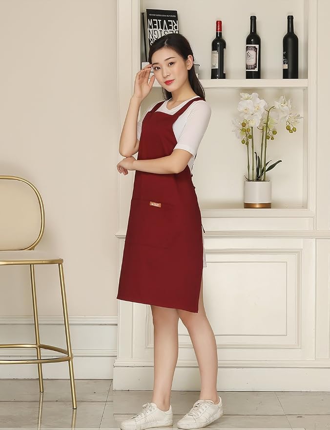 NEWGEM 100% Cotton Cross Back Apron for Women with 2 Pockets - Adjustable Button Straps Pinafore, No Neck Pain Kitchen Chef Apron for Cosmetologist, Hairstylist, Bartender (Burgundy)