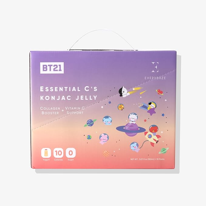 EVERYDAZE BT21 Essential C’s Konjac Jelly | Yogurt | Plant-Based Collagen Booster | Gluten Free, Sugar Free, Low Calorie | Healthy Drinkable Fruit Snack | 10 Pack Box Food Drink Pouch