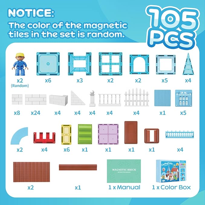 Magnetic Tiles for Kids, Magnet Building Set, Magnet Toys for 3+ Year Old Boys and Girls, Colored Magnetic Tiles Building Blocks (105 PCS)