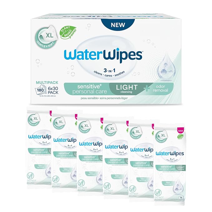 WaterWipes Sensitive Personal Care Light, Incontinence Wipes, Odor Removal, XL Textured Wipes, Fragrance Free, 180 Count (6 Packs)