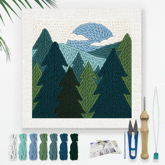 Doodlream Pine Tree Forest DIY Punch Needle Embroidery Kit for Adult Beginner, 9.4" Tree Mountain Sun Punch Stitching Craft Set for Starter with Frame,Fabric Pattern,Threader, Yarn, Pinch Needle