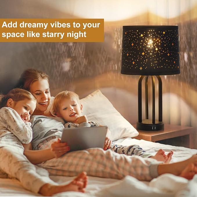 Black Drum Lampshades Set of 2 with Sky Stars Design, 11.6" x 12.6" x 9.8" | Fabric Lamp Shades for Table Lamps, Floor Lamps, Modern Lampshade for Bedroom, Spider, Harp Holders Included, Easy Assembly