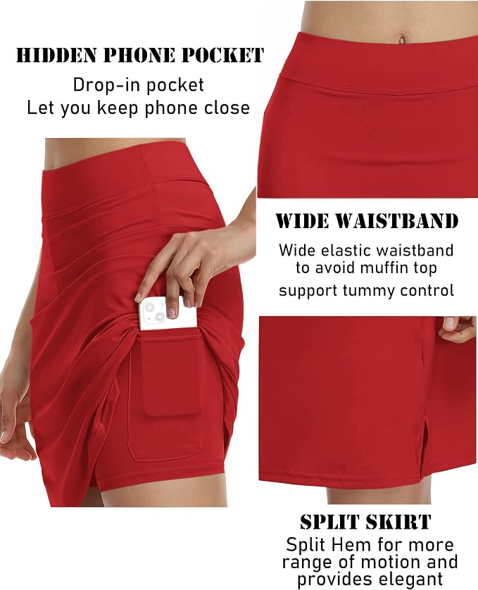 COOrun Women's 20" Knee Length Skirts High Waisted Golf Skorts with Pockets | Soft, Quick Dry, Split Hem, Built-in Shorts, A-line, Modest Skirts, for Golf Athletic Tennis Work Casual