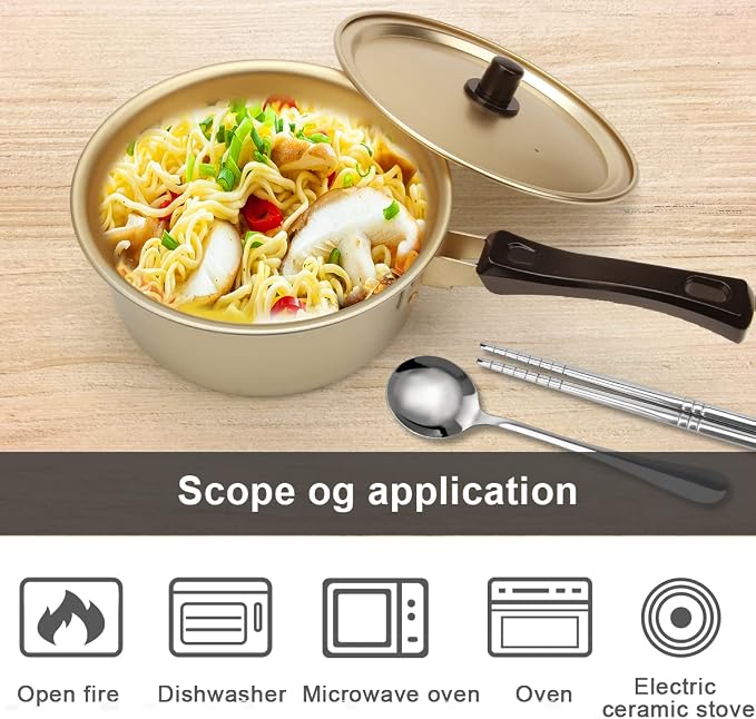 AHIER Korean Ramen Cooking Pot, Korean Ramen Noodle Pot with Lid, Spoon | Chopsticks (1pair), Single Handle, Fast Heating Stovetop for Kitchen Cookware Dorm and Camping