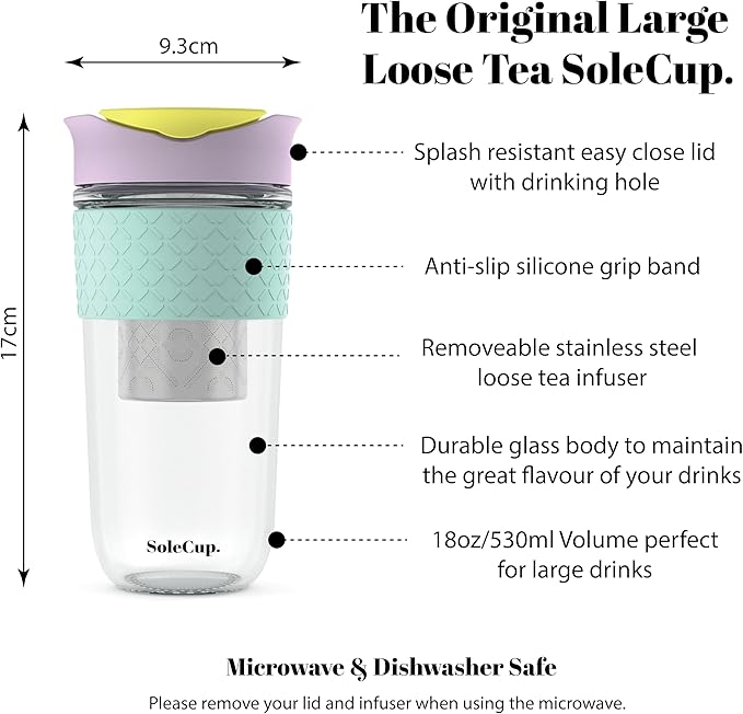 Large Travel Mug Loose Tea Infuser - Detachable Tea Strainer with Spill Proof Lid - 18oz/530ml BPA-Free Reusable Glass Travel Coffee Cup with Silicone Band (Ice Cream, 18oz)
