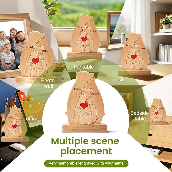Personalized Wooden Bear Family Puzzle with 2-6 Names - Custom Animal Art Figurine with Red Heart Centerpiece - Cute for Mom Grandma (Rustic Home Decor)