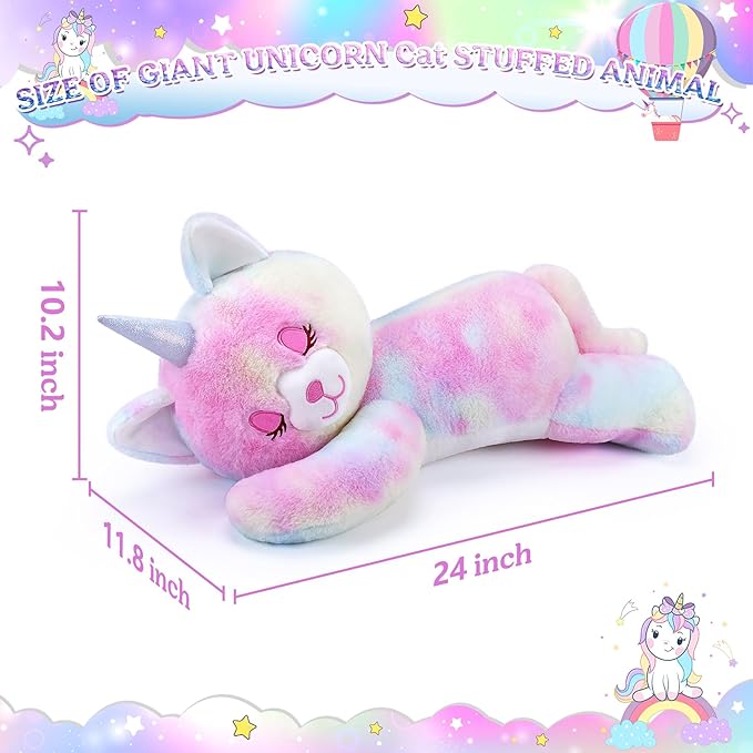 24'' Large Unicorn Cat Plush Stuffed Animal- Unicorn Cat Plush Pillow Plushies, Big Cute Sleeping Huggable Plushie Toy, Stuffed Animal Toys Girls Birthday Gifts for Kids Girls Boys