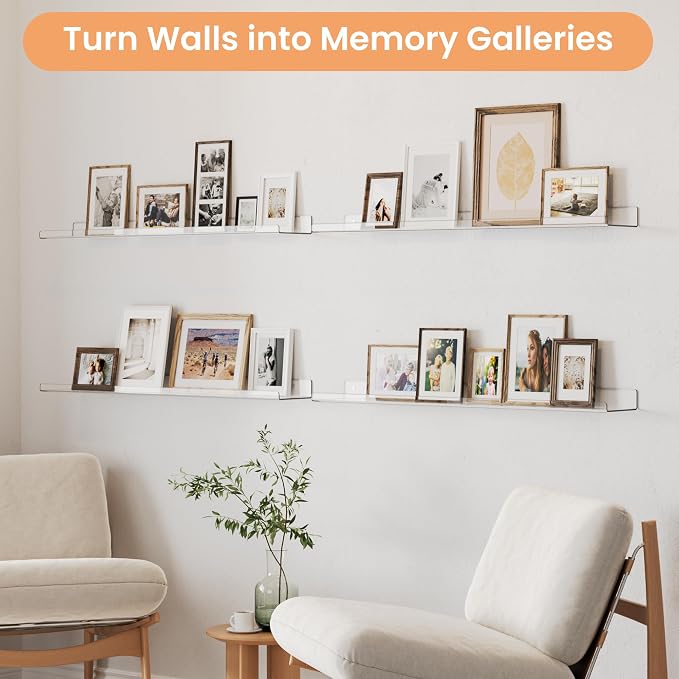 upsimples 35.5" Acrylic Shelves for Wall Storage and Organizer, 2 Pcs | Extended Shelf for Picture, Skincare, Perfume, Bag, Kitchen Spice Rack, Kids Bookshelf, Invisible for Displaying, Room Décor