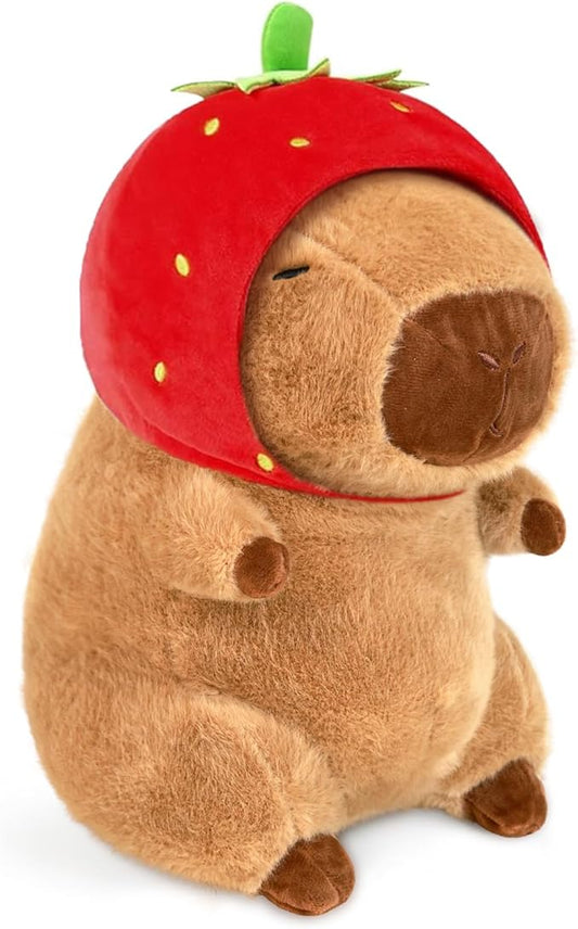 Capybara Plush 15.75 inch with Strawberry Hat Soft Capybara Stuffed Animals Capybara Hugging Gifts Capybara Doll Pillow for Kids Girls Toys (Strawberry Capybara Brown 15.75 inch)