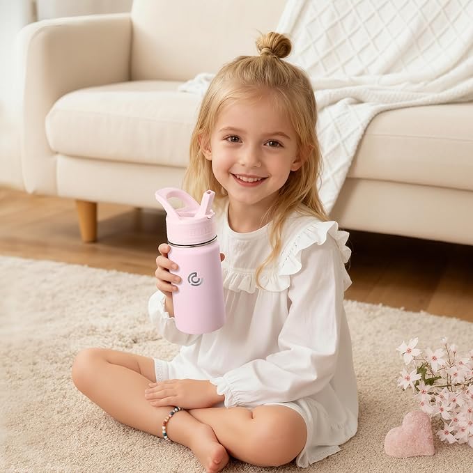 Kids Water Bottle,14oz Stainless Steel Insulated Water Tumbler Leak-Proof,School Water Mug,Small and Portable,Suitable for Boys and Girls to Use(Pink)