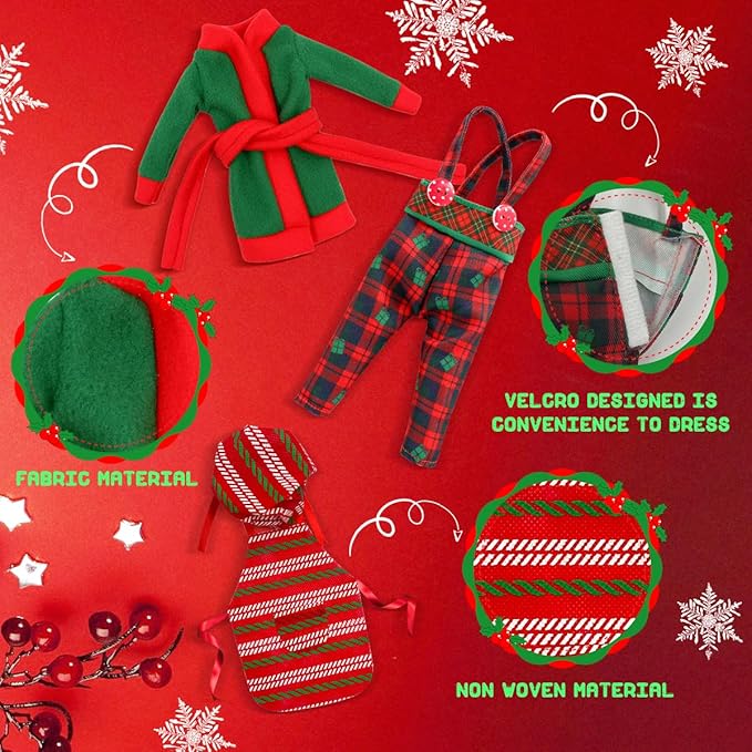 Christmas Doll Clothes Accessories Kits, 15PCS Christmas Checkered Suspender Pants & Skirt, Sleeping Bag, Bathrobe, Apron, Skirt , Glasses, Eye Mask, Scarf for Doll Holiday Decoration