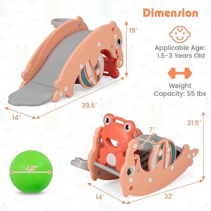 HONEY JOY Toddler Slide Rocking Toy, 4 in 1 Convertible Freestanding Slide for Kids w/Basketball Hoop, Rocking Horse, Foldable Baby Climber Playground Slide for Indoors Outdoors Boys Girls, Pink