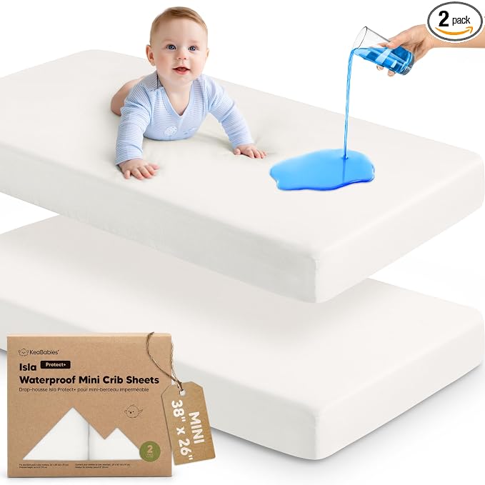 2-Pack Waterproof Pack and Play Sheets, Mini Crib Sheets Fitted for Boy, Girl - 38 x 26 Viscose From Bamboo Pack N Play Mattress Sheets for Graco, Toddler Playard Baby Crib Sheets Neutral (Soft White)