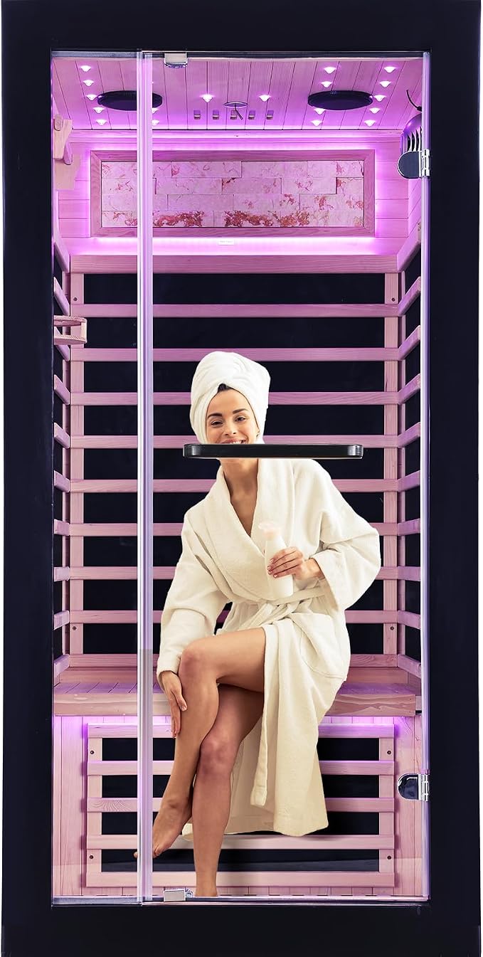 OUTEXER One Person Sauna Far Infrared Saunas Room Canadian Hemlock 1450W Dry Saunas Spa with 7 Starry Sky Light 35.4 * 35.4 * 70.8inch