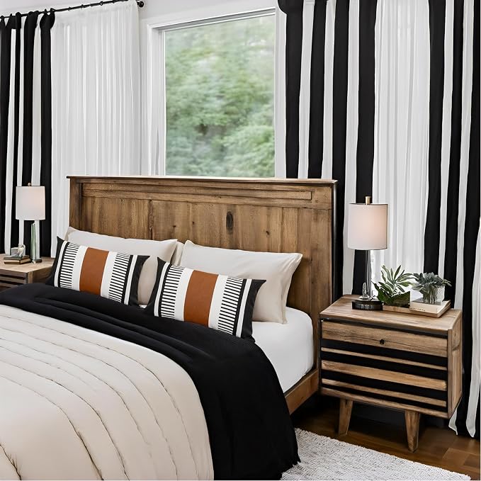 2 Pack 12x20 Lumbar Throw Pillow Covers, Faux Leather & Cotton Canvas with Black Stripes, Rectangular Decorative Pillow Case for Living Room, Sofa, Couch, Bedroom, Modern Farmhouse Home Decor