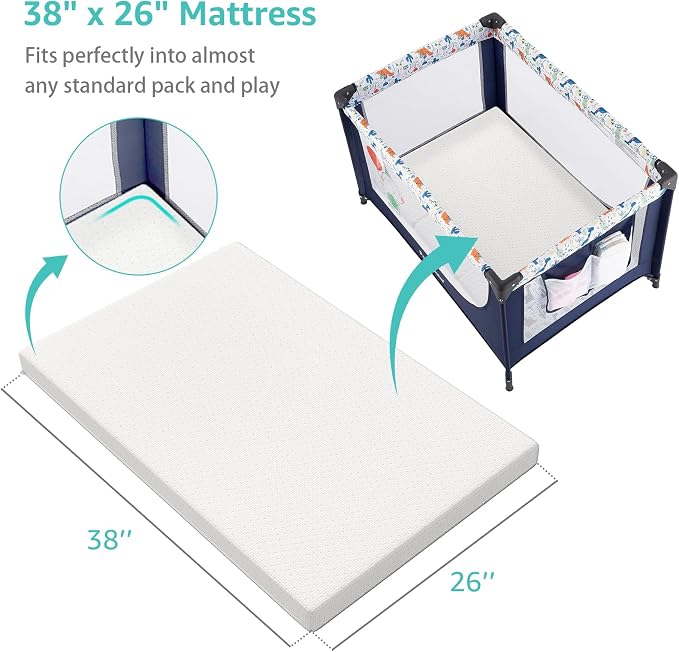 YENING Organic Cotton Pack and Play Mattress Pad Breathable 38x26 Waterproof Baby Mattress for Pack N Play Matress Topper Waterproof with Strap White