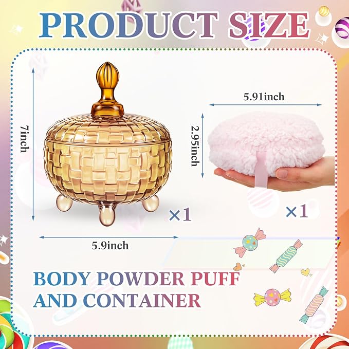 Tioncy 2 Pcs Extra Large Dusting Powder Puff and Container for Women-6'' Glass Crystal Dusting Powder Container with Body Soft Washable Reusable Velour Face(Amber,Weave Design)
