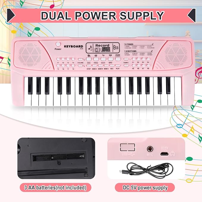 M SANMERSEN Upgraded 37 Key Kids Piano Keyboard with Microphone Music Toys for 3 4 5 6 Year Old Girls Gifts, Pink