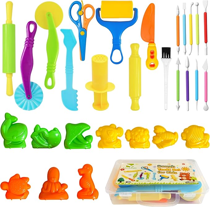 Kleeblatt Dough Tools Set for Kids - 20 Pcs Playdough Kit with 9 Basic Dough Tools,9 Double-Headed Clay Carving Tools,1 Silicone Molds & Cleaning Brush, Safe for Toddlers Ages 2-8