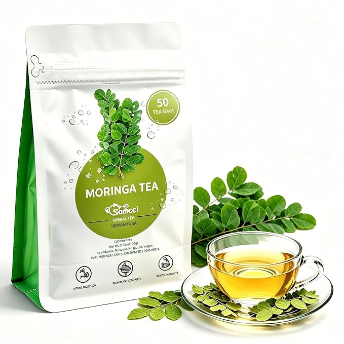 Samcci - Moringa Tea - 50 Tea Bags - Pure Moringa Leaves, Herbal Tea for Supporting Digestion & Immune System - Non-GMO - Vegan - Caffeine-Free - Natural Herbal
