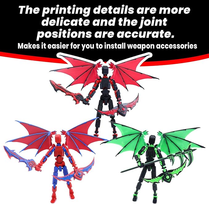Titan 13 Robot Action Figure,Dummy 13,Articulated Robot with Demon Wings, 3D Printed robo 13 Action Figure Articulated (Rose red)