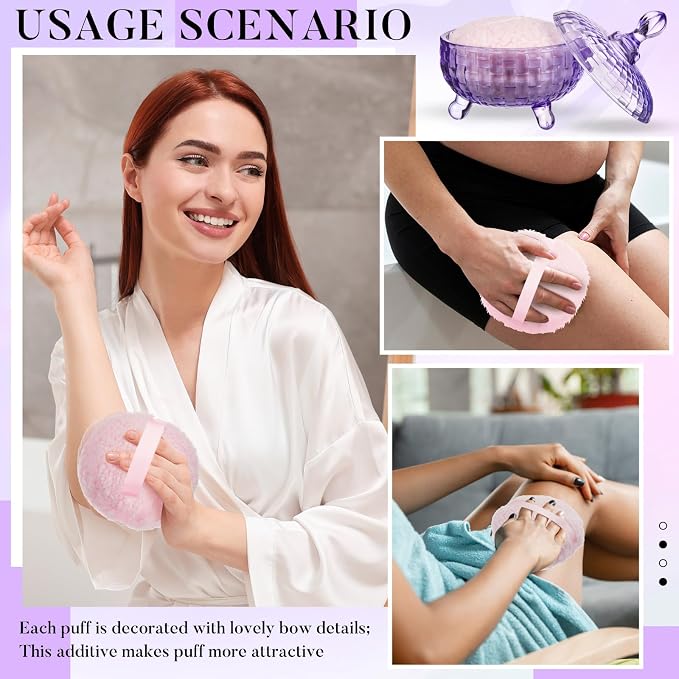 Tioncy 2 Pcs Extra Large Dusting Powder Puff and Container for Women-6'' Glass Crystal Dusting Powder Container with Body Soft Washable Reusable Velour Face(Purple,Weave Design)
