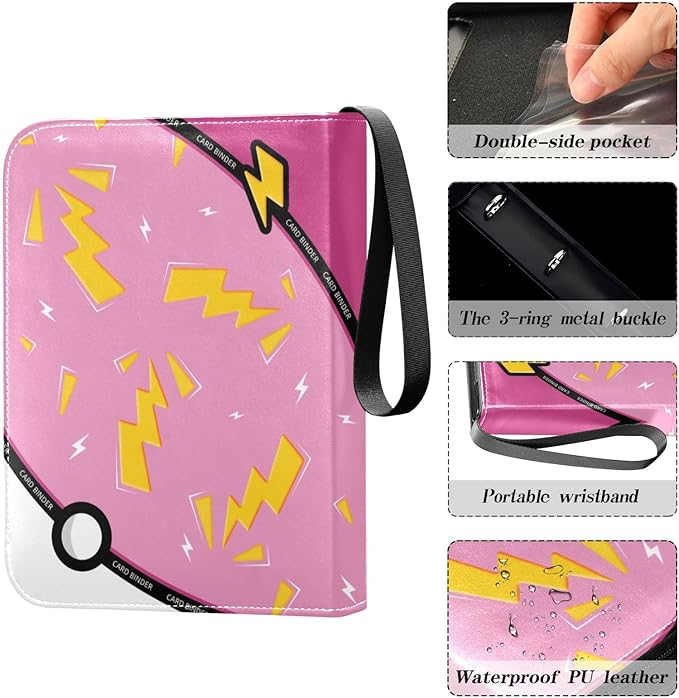 Pink Lightning Card Binder, 4 Pocket Trading Card Holder with 50 Removable Sleeves, Zipper Card Binder Fits 400 Cards, Collection Card Storage Case Album Book Gifts