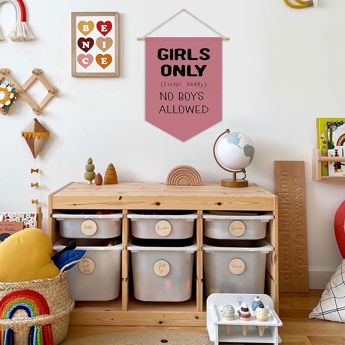 Girls Room Sign Decor Banner,Girls Only No Boys Allowed Door Sign Pennant Flag,Pink Cute Wall Decor for Teen Girls Bedroom Playroom Toddler Little Girl Stuff Wall Hanging Linen Banner 15x11 Inch