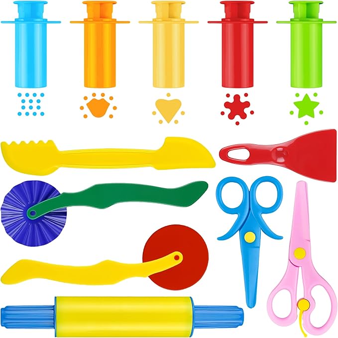 Clay and Dough Tools 12 Pcs Basic Dough Tools Set for Kids with Extruders, Rolling Pin, Cutters,Plastic Hand Scraper, Scissors