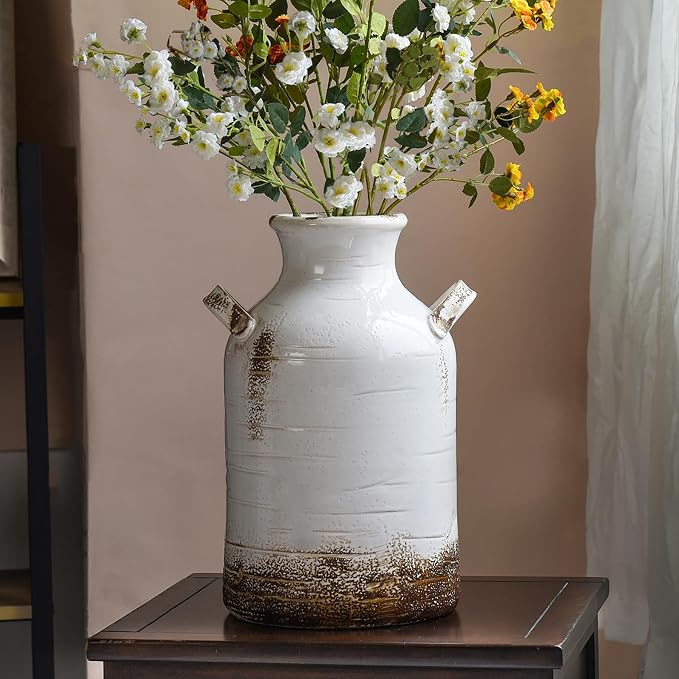 Quoowiit Ceramic Rustic Farmhouse Vase, 14 Inch Distressed Decorative Flower Vase for Home Decor, Large White Vase for Living Room Bedroom Kitchen Office Decor Centerpiece Table Decorations