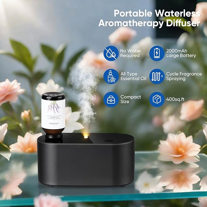 Levoair Waterless Essential Oil Diffuser, Mini Scent Air Machine, Aromatherapy Atomizing Diffuser, 3 Mist Modes, Cycle Start for Bedroom, Home, Office 160-700 sq. ft Scent Black