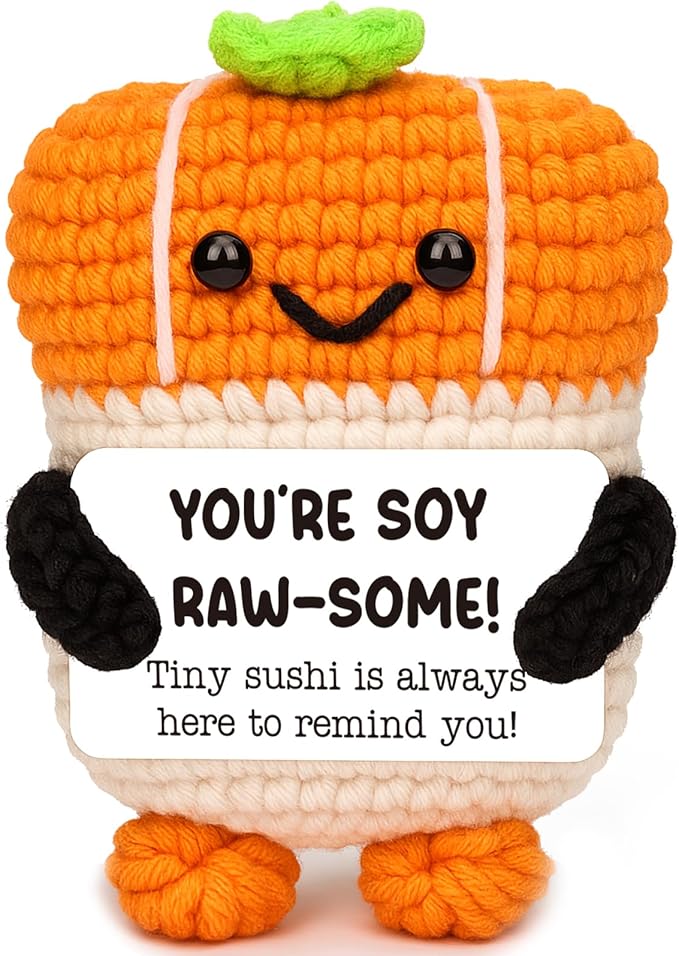 Mini Inspirational Gifts-Handmade Emotional Positive Crochet Sushi for Women, Men, Friend, Coworker- Encouragement, Cheer Up, Stress Relief, Birthday, Christmas Stocking Stuffe, White Elephant Ideas