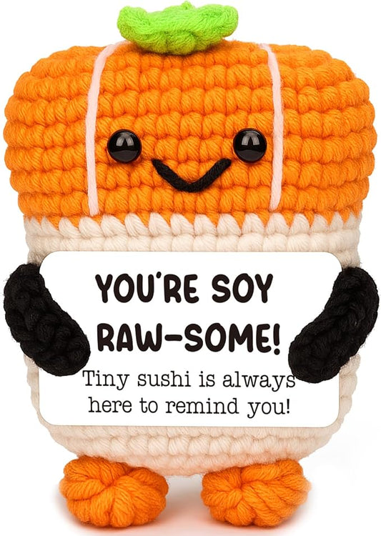 Mini Inspirational Gifts-Handmade Emotional Positive Crochet Sushi for Women, Men, Friend, Coworker- Encouragement, Cheer Up, Stress Relief, Birthday, Christmas Stocking Stuffe, White Elephant Ideas
