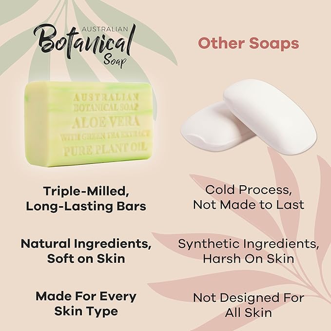 Australian Botanical Soap Aloe Vera with Green Tea Extract – Triple Milled 6.6 oz Bar Soap with Shea Butter, Face Hand & Body Bars, 4 Pack