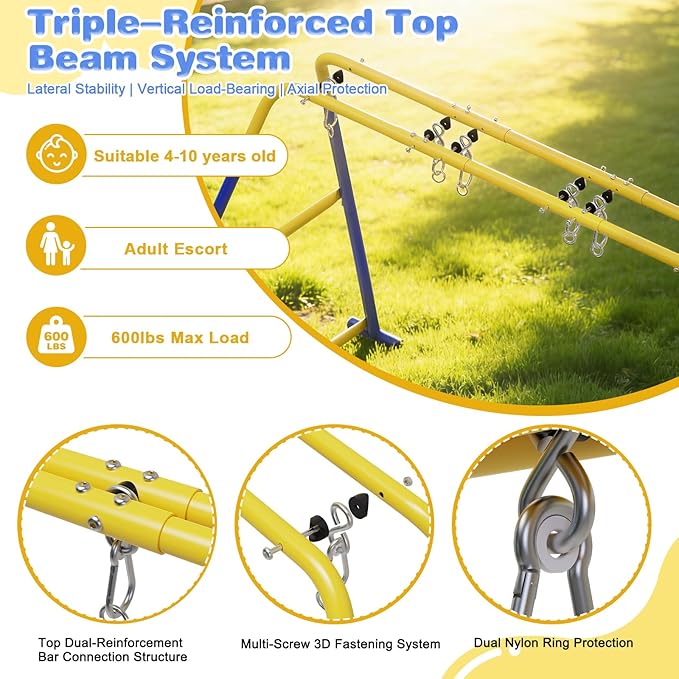 3-in-1 Swing Set for Backyard for Kids, with 1 Platform Swing, 2 Belt Swing, 600lbs Metal Swing Set for Toddler, Heavy-Duty Swing Stand w/8 Ground Stakes, Outdoor Swingset for Kids Adults (Blue)