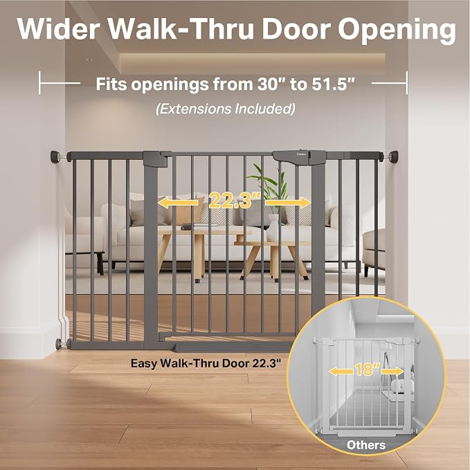 Cumbor 30-51.5" Extra Wide Baby Gate for Stairs, Pressure Mounted Dog Gate Indoor with Self-Closing Walk Through Door, Mom's Choice Award Winner, Child Safety Double-Lock, Cool Gray