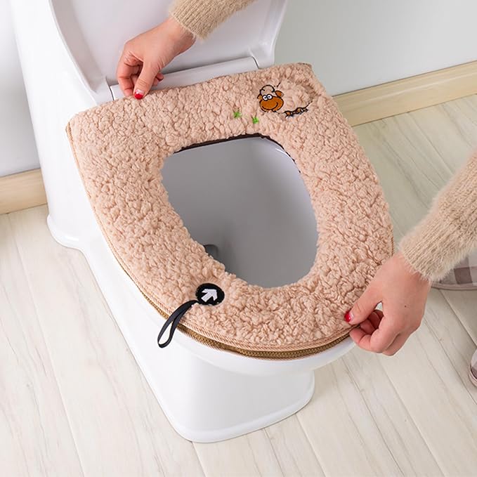 Warm Plush Toilet Seat Cover:Thicken Toilet Seat Pad with Hanging Loop and Zipper, Bathroom Soft Toilet Seat Covers Washable Cushion (Brown)