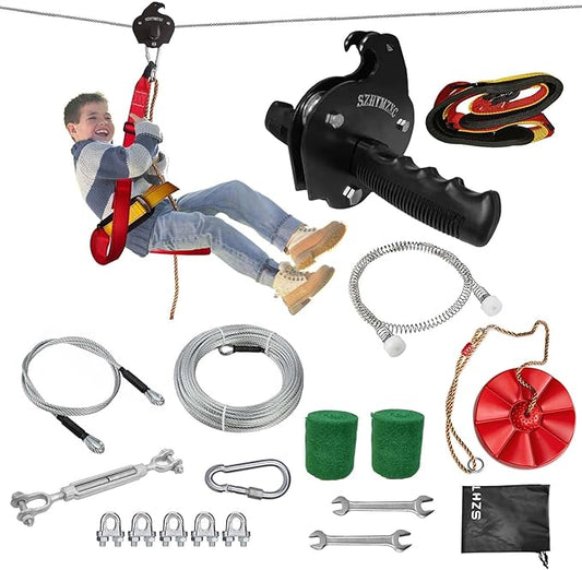 110/130/150/180ft Zipline Kit for Kids and Adults 350Lbs Backyard, Zip Line Stainless Steel Spring Brake, Adjustable Seat, Easy Installation Outdoor Adventure Equipment
