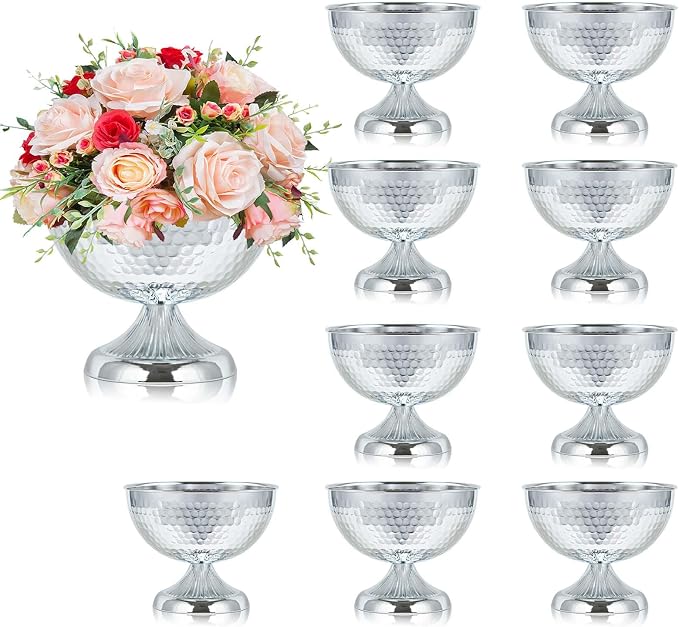 Metal Urn Vases for Centerpieces - 6.3" Tall Flower Pot Planters, Wedding Table Decor, Party Reception, Home Floral Arrangement (10, Silver)