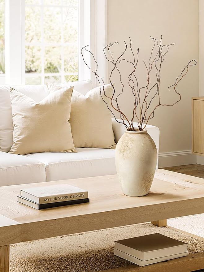 LE TAUCI Ceramic Vase, 11.5 Inch Large Rustic Farmhouse Vase, Tall Vase for Home Decor, Living Room Table & Mantel Centerpiece, Watertight & Sturdy, Matte Sandy Beige White