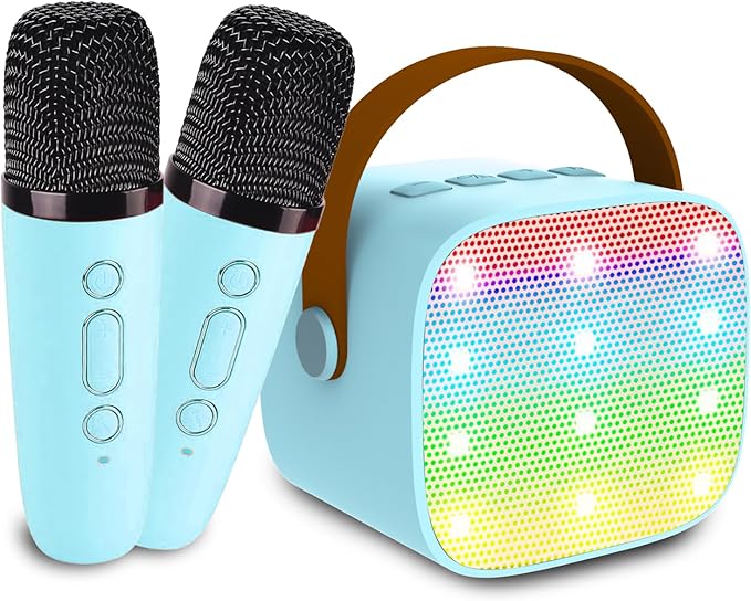 Kids Karaoke Machine, Portable Bluetooth Speaker with 2 Wireless Mics, Microphone Speaker Set with LED Lights for Home Party, Birthday Gifts for Girls Boys Kids