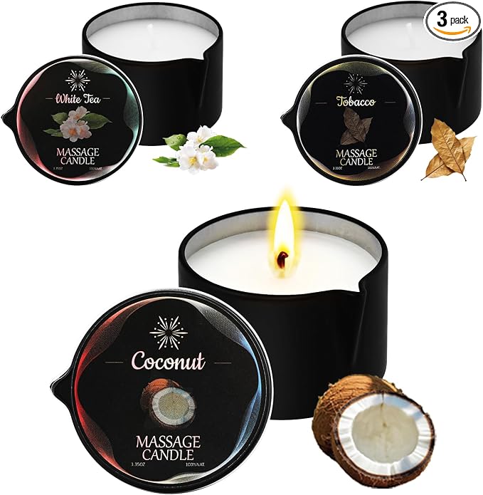 3 Pack Massage Oil Candles, Low Temp Soy Based Massage Candle Set, Assorted Scents for Massage Therapy, Relaxation & Home Spa Self Care